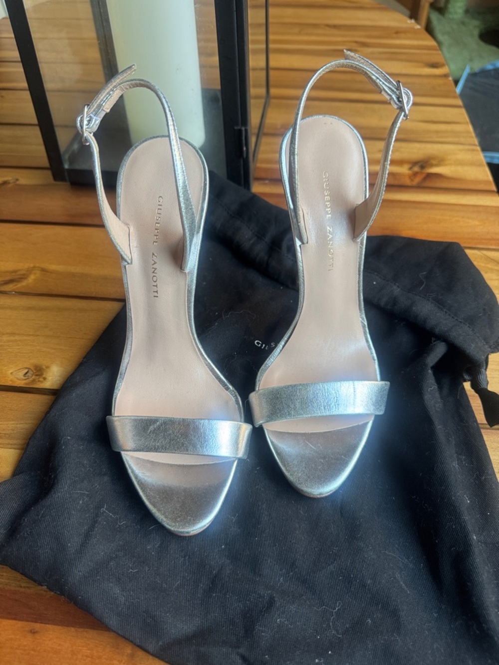 Giuseppe Zanotti Metallic Silver Open-Toe Slingback Heels